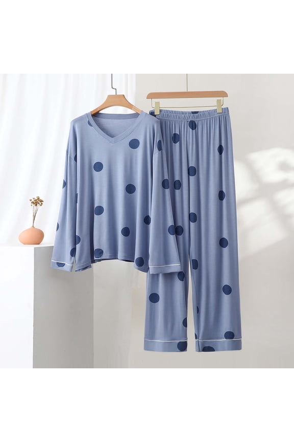Womens Soft Modal Cotton V-Neck Polka Dot Pajama Set Long Sleeve Loungewear with Elastic Waist Blue,Size Free Size