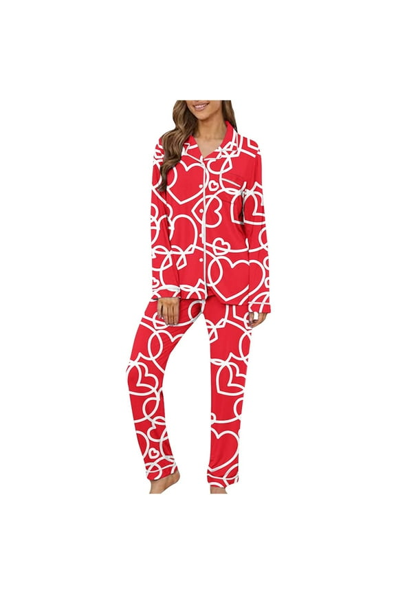 Womens Valentine's Day Pajamas- Long Sleeved Tops and Pants Two-piece Loungewear Love Print Sleepwear Button-Down Pj Set Red Size XL
