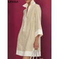 thumbnail image 1 of VONDA 2024 Fashion Mini Dress Summer Sundress Women Turn-down Collar 3/4 Flare Sleeve Casual Loose Patchwork Party Short Vestido, 1 of 5