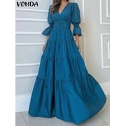 VONDA 2024 Women Casual Long Dress V-Neck Ruffled Maxi Sundress Autumn 3/4 Puff Sleeve Solid Color Party Elegant Vestidos