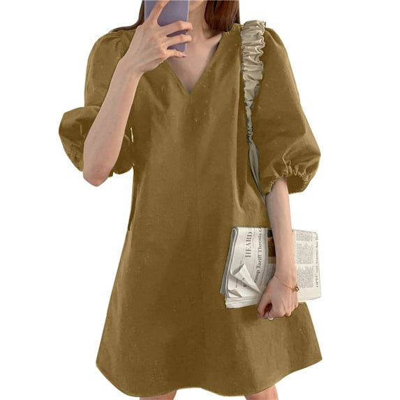 VONDA 3 Colors Women V-Neck Puff Sleeve Pure Color Casual Loose Mini Dress