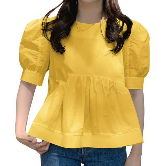 VONDA Women Elegant Pleated Solid Color Ruffled Hem Tops O-Neck Puff Sleeve Blouse