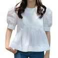 thumbnail image 1 of VONDA Women Elegant Pleated Solid Color Ruffled Hem Tops O-Neck Puff Sleeve Blouse, 1 of 4