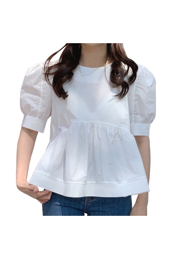 Women Elegant Pleated Solid Color Ruffled Hem Tops O-Neck Puff Sleeve Blouse