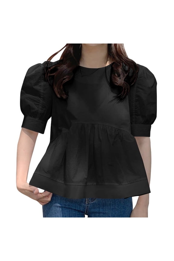 Women Elegant Pleated Solid Color Ruffled Hem Tops O-Neck Puff Sleeve Blouse