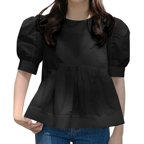 VONDA Women Elegant Pleated Solid Color Ruffled Hem Tops O-Neck Puff Sleeve Blouse