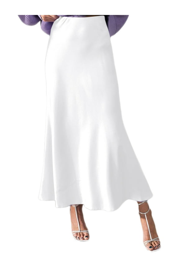 Women Fashion High Waist Ruffled Hem Baggy Skirt Solid Color Pleated Long Maxi Skirts