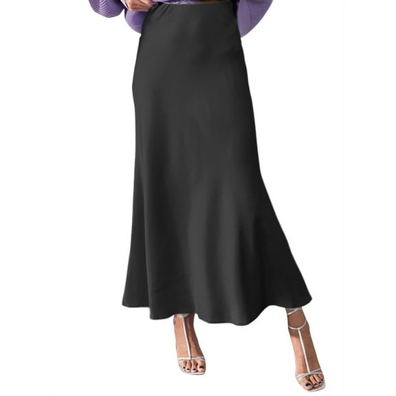 VONDA Women Fashion High Waist Ruffled Hem Baggy Skirt Solid Color Pleated Long Maxi Skirts