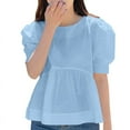 thumbnail image 1 of VONDA Women Fashion Puff Sleeve Half Sleeve O-Neck Blouse Ruffled Hem Pleated Tops, 1 of 4