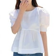 thumbnail image 1 of VONDA Women Fashion Puff Sleeve Half Sleeve O-Neck Blouse Ruffled Hem Pleated Tops, 1 of 4