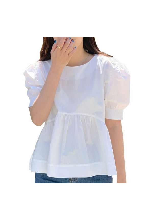 Women Fashion Puff Sleeve Half Sleeve O-Neck Blouse Ruffled Hem Pleated Tops