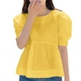 thumbnail image 1 of VONDA Women Fashion Puff Sleeve Half Sleeve O-Neck Blouse Ruffled Hem Pleated Tops, 1 of 4