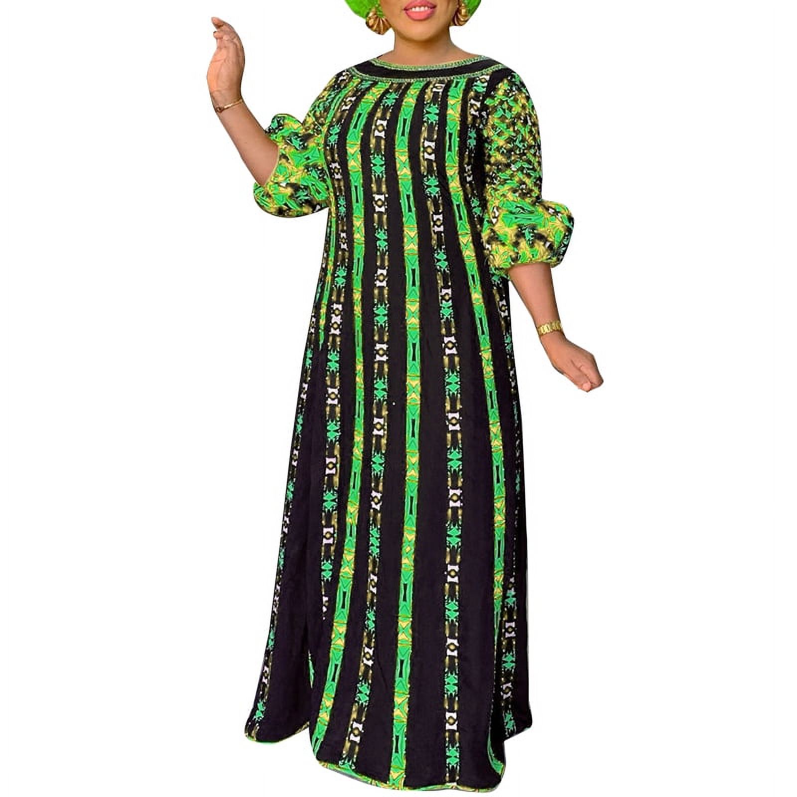 VONDA Women Lantern 3/4 Sleeve Long Dress Print Striped Party Casual