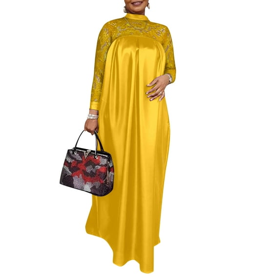 VONDA Women Long Sleeve Mock Neck Lace Patchwork Maxi Dress Vintage Kaftan Dresses