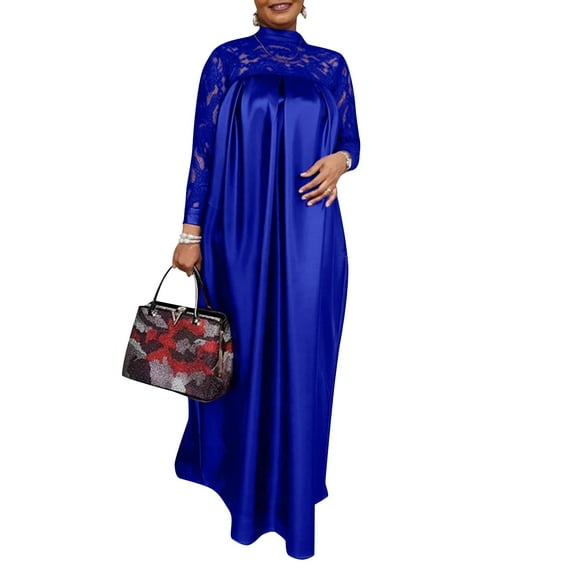 VONDA Women Long Sleeve Mock Neck Lace Patchwork Maxi Dress Vintage Kaftan Dresses