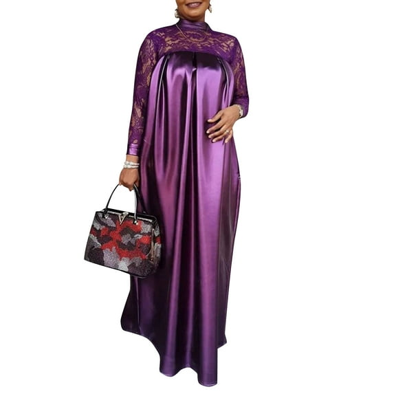 VONDA Women Long Sleeve Mock Neck Lace Patchwork Maxi Dress Vintage Kaftan Dresses