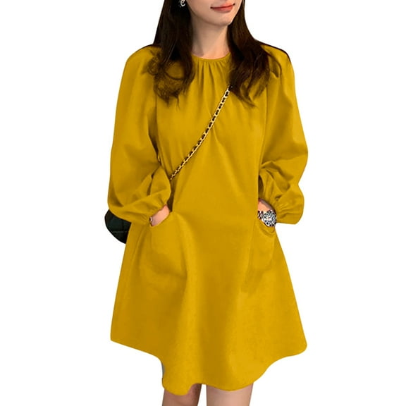 VONDA Women Long Sleeve Solid Mini Dress Summer Casual Dress