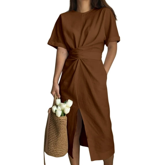 VONDA Women Plus Size Knotted Waist Short Sleeve Pockets Cotton Midi Dress