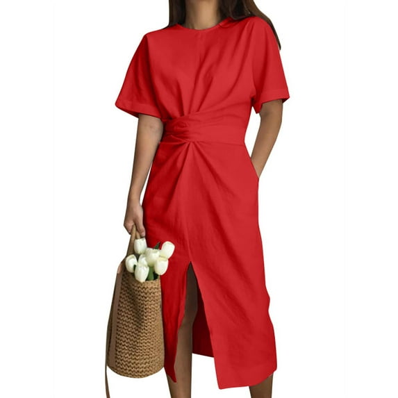 VONDA Women Plus Size Knotted Waist Short Sleeve Pockets Cotton Midi Dress