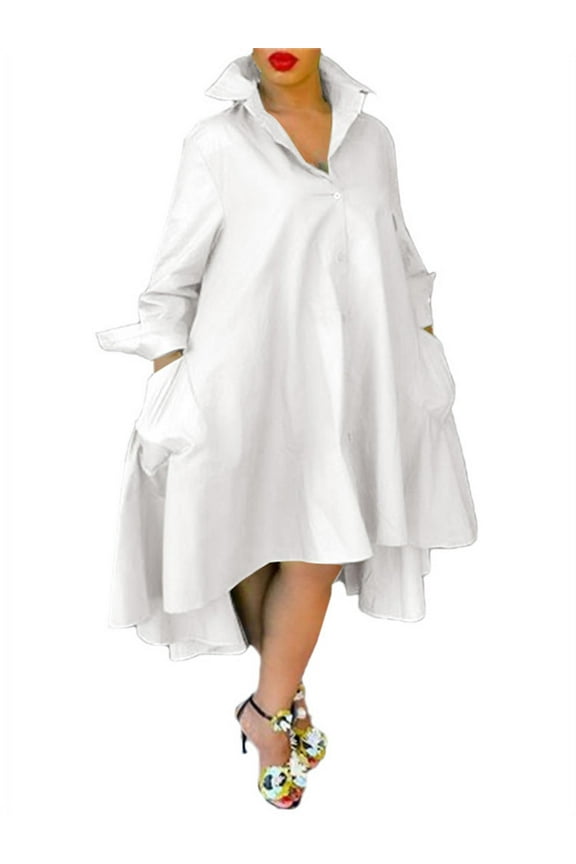 Women Plus Size Long Sleeve Buttons Solid Irregular Hem Dresses