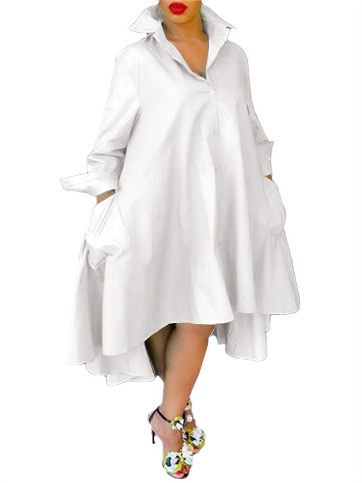 VONDA Women Plus Size Long Sleeve Buttons Solid Irregular Hem Dresses