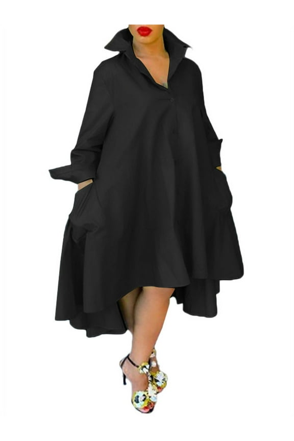 Women Plus Size Long Sleeve Buttons Solid Irregular Hem Dresses