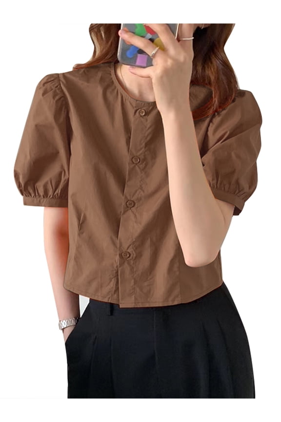 Women Puff Short Sleeve Blouse Crewneck Elegant Casual Shirt Tops