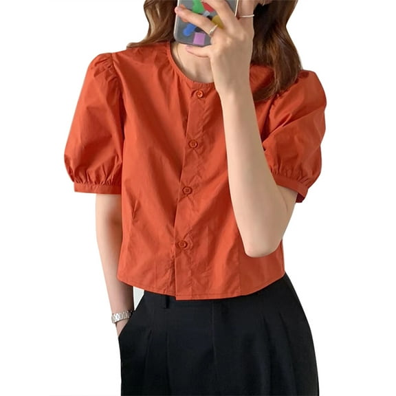 VONDA Women Puff Short Sleeve Blouse Crewneck Elegant Casual Shirt Tops
