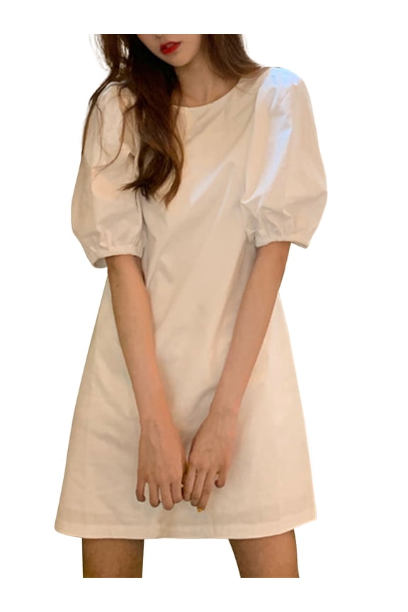Women Puff Short Sleeve Mini Dress Round Neck Party Casual Dresses