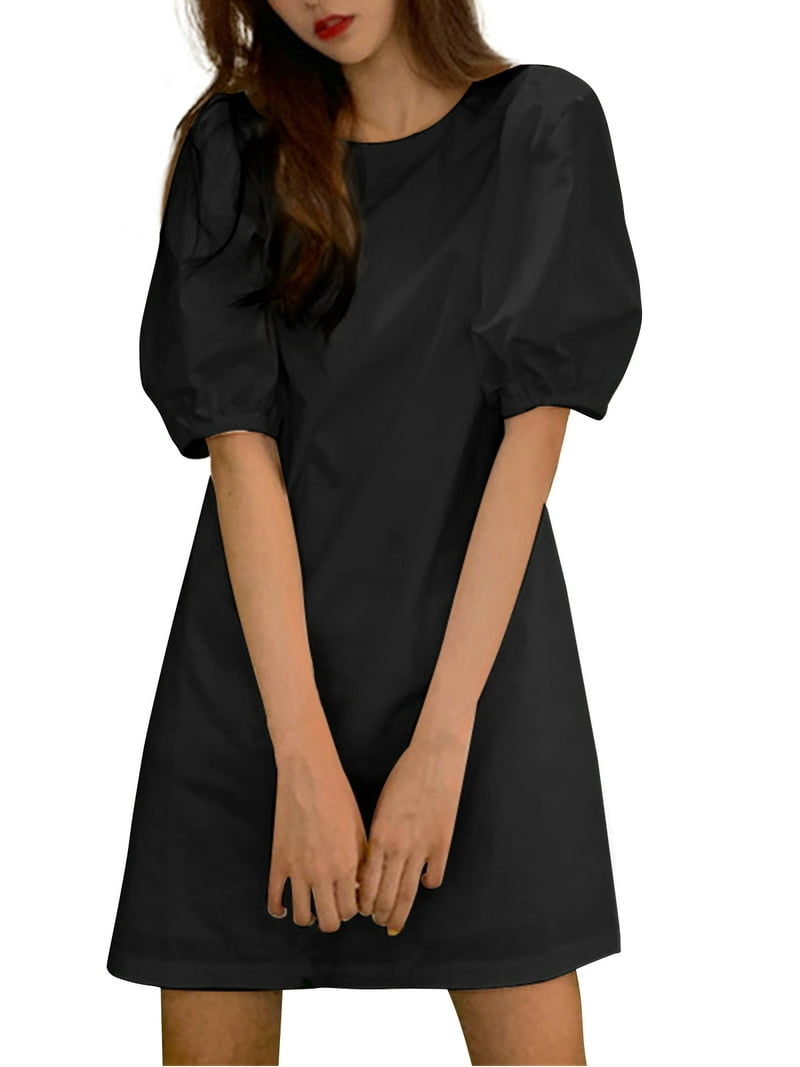 Vonda Women Puff Short Sleeve Mini Dress Round Neck Party Casual Dresses