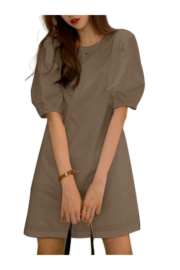 Women Puff Short Sleeve Mini Dress Round Neck Party Casual Dresses