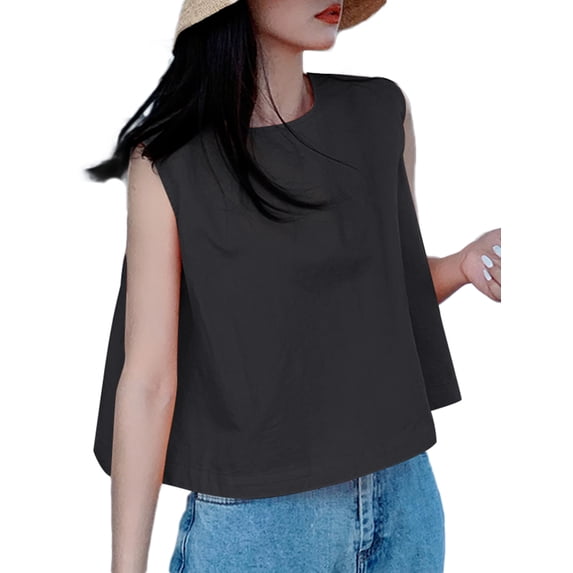 VONDA Women Round Neck Sleeveless Solid Color Tank Tops Crop Tops