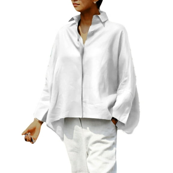 VONDA Women Solid Color Long Sleeve Blouse Lapel Collar Asymmetric Hem Button Up Casual Tops