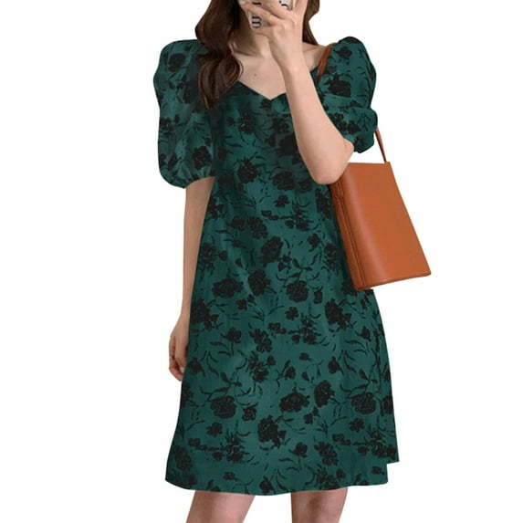 VONDA Women V-Neck Puff Sleeve Floral Printed Vintage Mini Dress