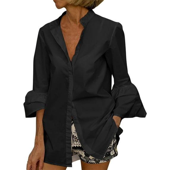 VONDA Women's 3/4 Flare Sleeve Casual Blouses Shirts Solid Color Button Up Tops