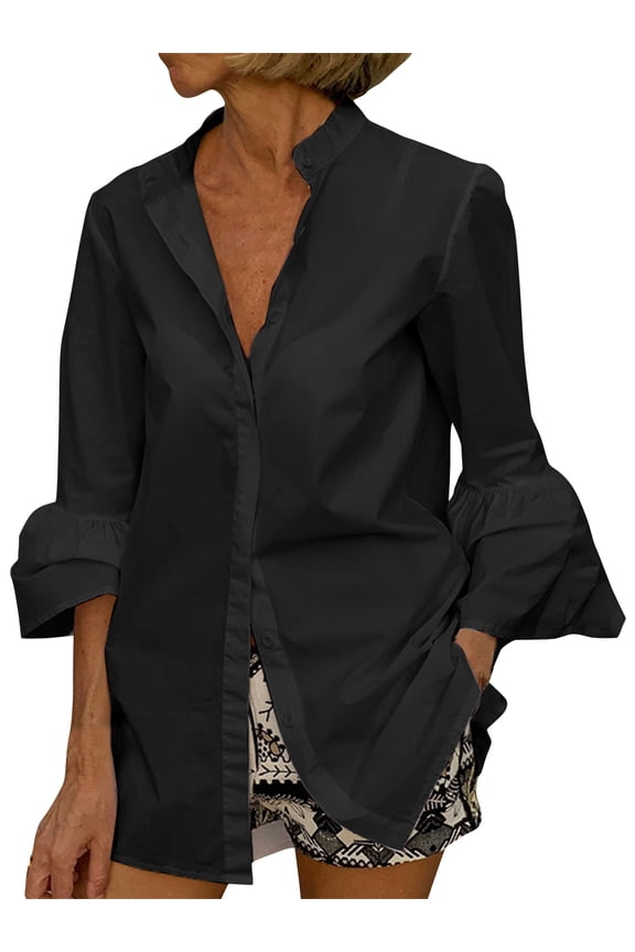 Women's 3/4 Flare Sleeve Casual Blouses Shirts Solid Color Button Up Tops