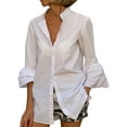 thumbnail image 1 of VONDA Women's 3/4 Flare Sleeve Casual Blouses Shirts Solid Color Button Up Tops, 1 of 2