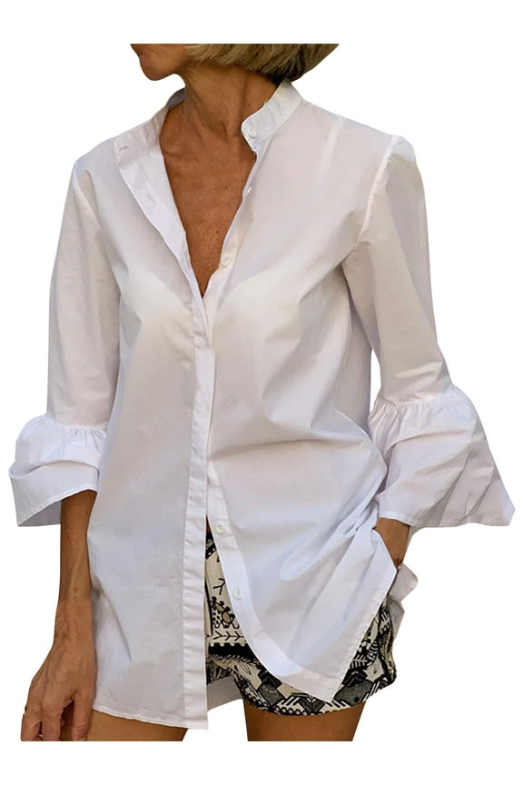 Women's 3/4 Flare Sleeve Casual Blouses Shirts Solid Color Button Up Tops