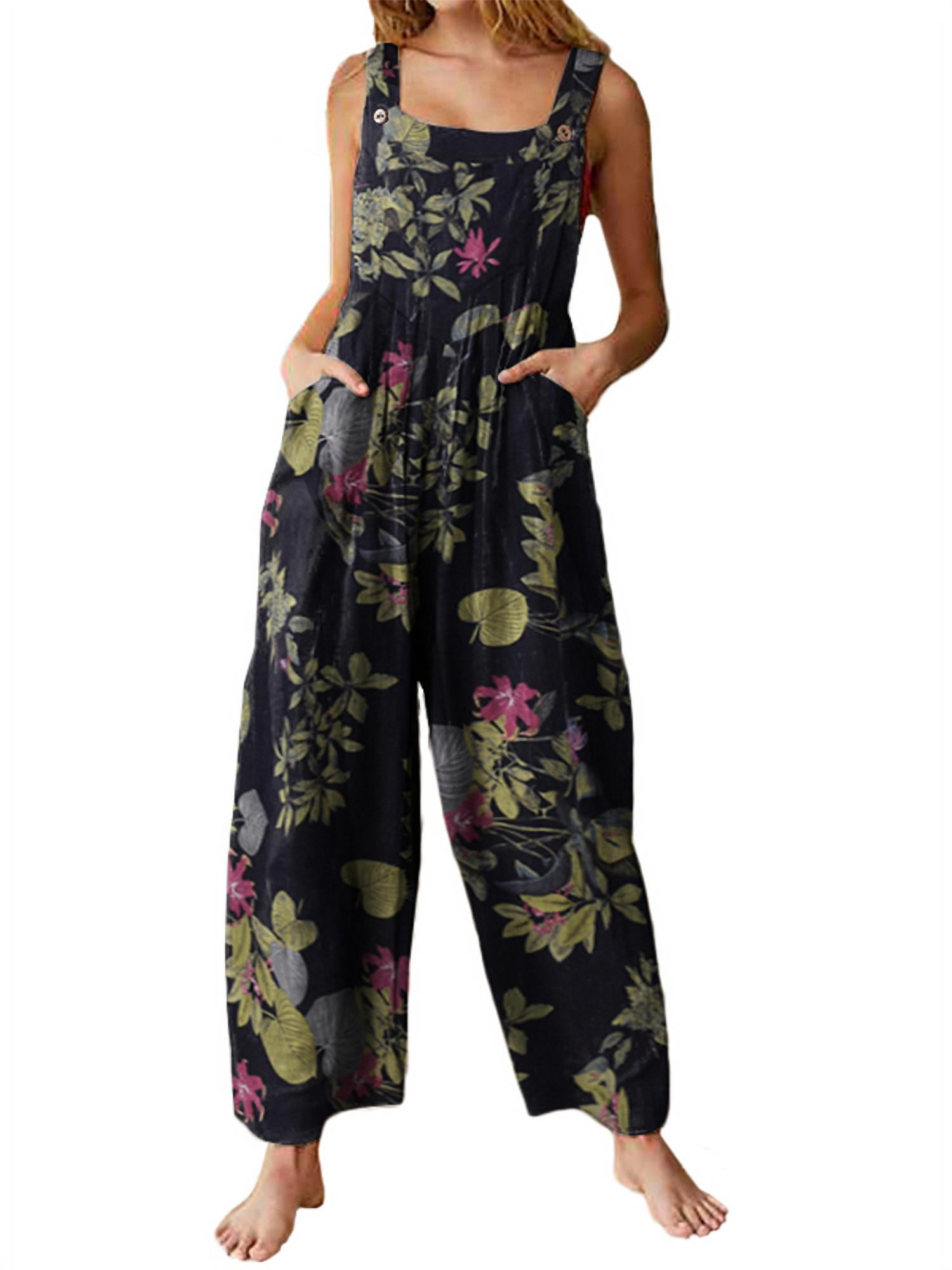 VONDA Women's Cotton Linen Bohemian Floral Print Jumpsuits Wide Leg ...