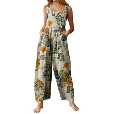 VONDA Women's Cotton Linen Bohemian Floral Print Jumpsuits Wide Leg Pants Fun Jumpsuit
