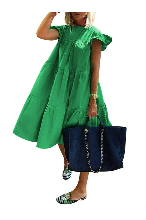 Women's Crew Neck Casual Short Sleeve Ruffle-Trim Summer Mini Dresses