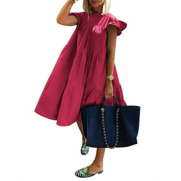 VONDA Women's Crew Neck Casual Short Sleeve Ruffle-Trim Summer Mini Dresses