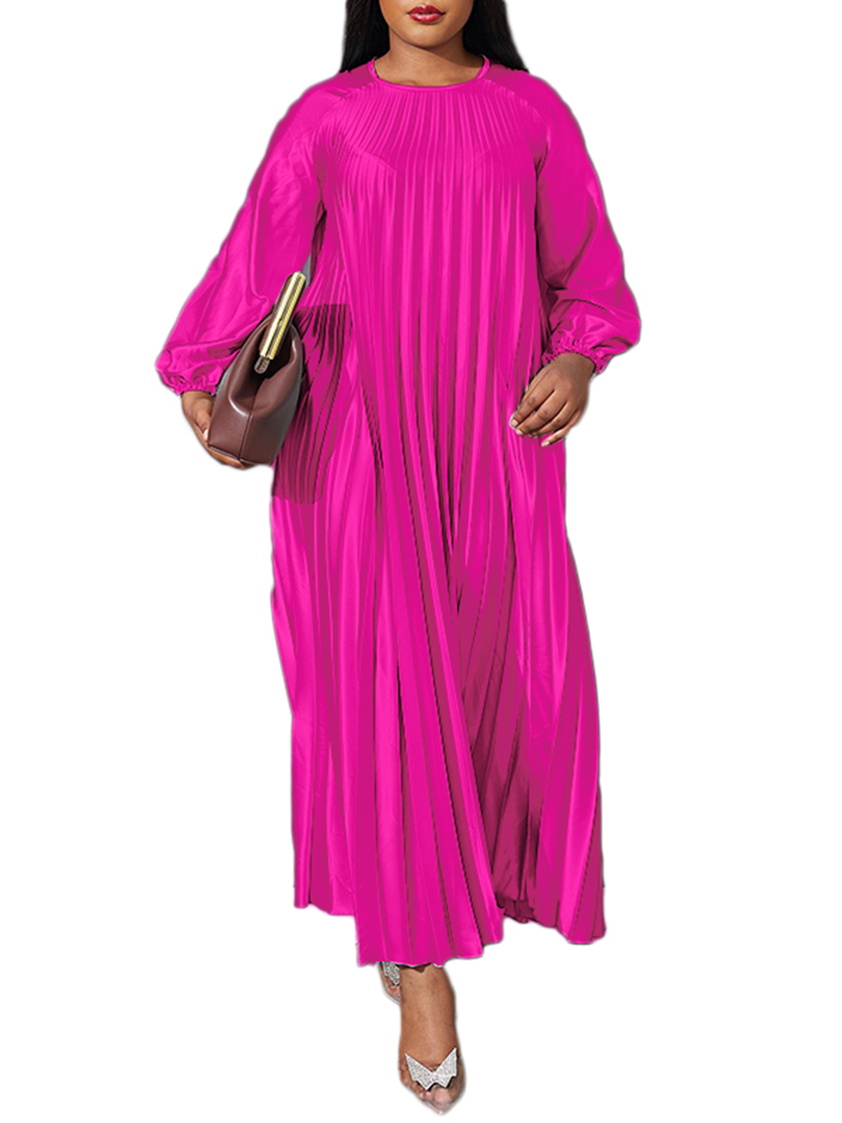 VONDA Women's Crew Neck Long Sleeve Solid Color Pleated A Swing Evening