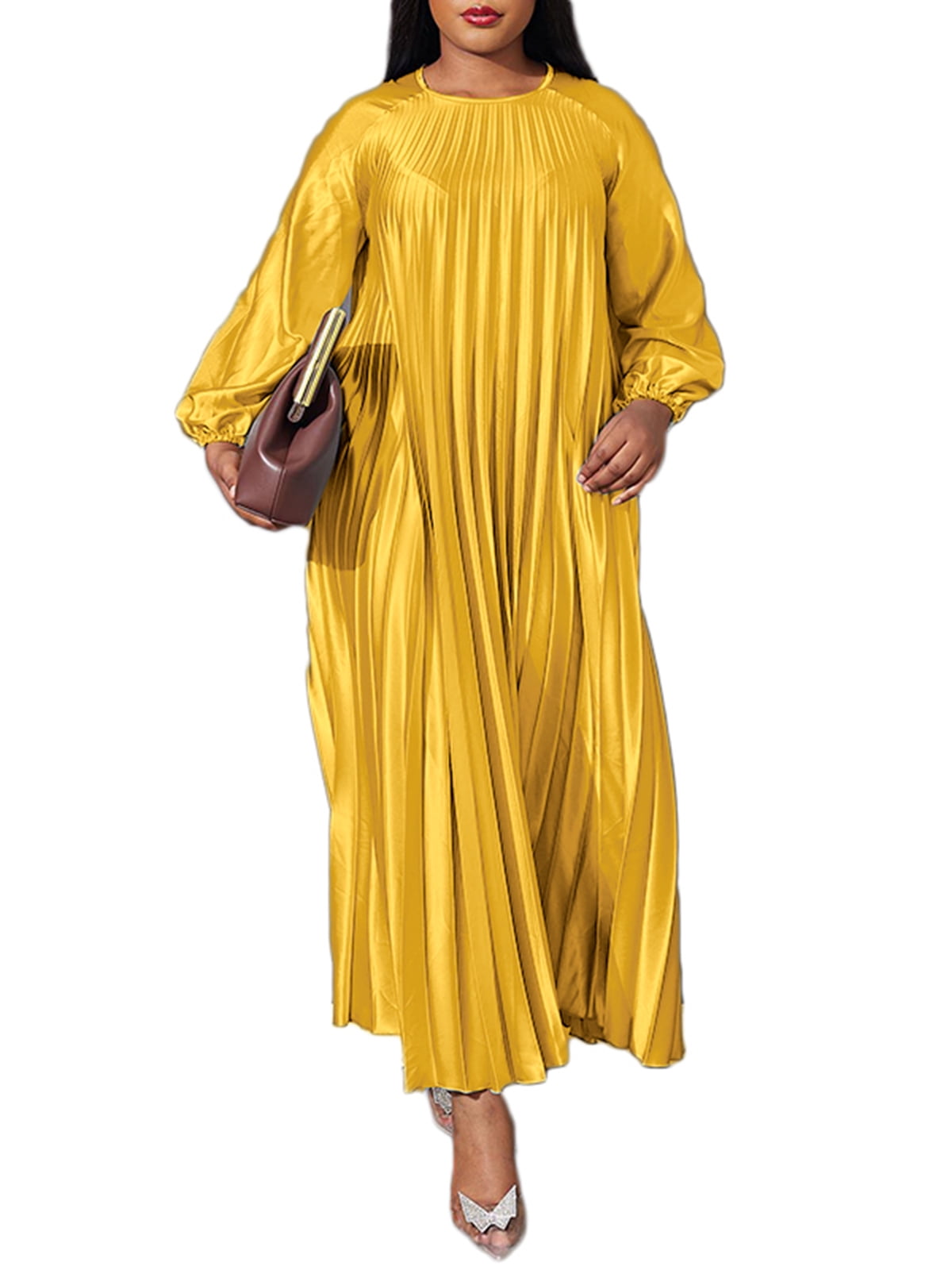 VONDA Women's Crew Neck Long Sleeve Solid Color Pleated A Swing Evening