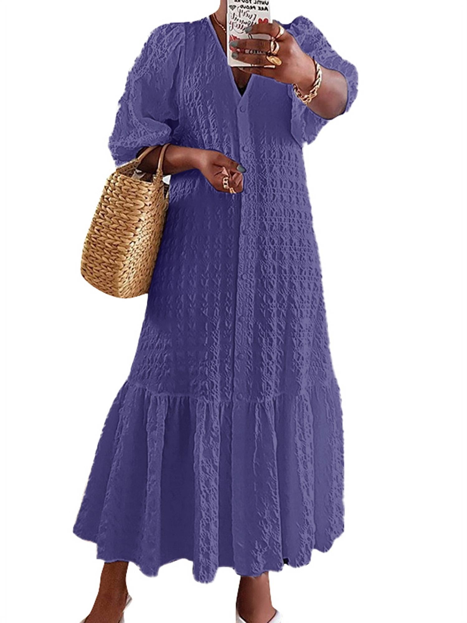 VONDA Women's Half Sleeve Holiday Party Loose Ruffle Hem Dress Buttons V Neck Shirt Dresses