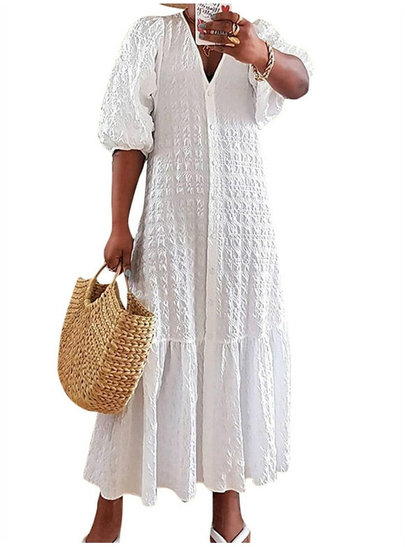 Women's Half Sleeve Holiday Party Loose Ruffle Hem Dress Buttons V Neck Shirt Dresses