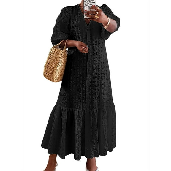 VONDA Women's Half Sleeve Holiday Party Loose Ruffle Hem Dress Buttons V Neck Shirt Dresses