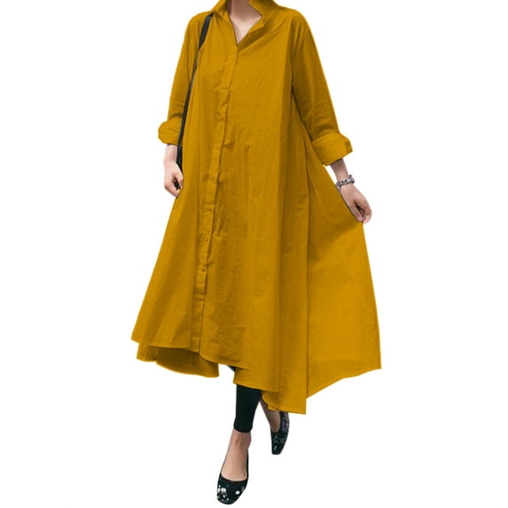 VONDA Women's Lapel Long Sleeve Buttons Dress Casual Dress