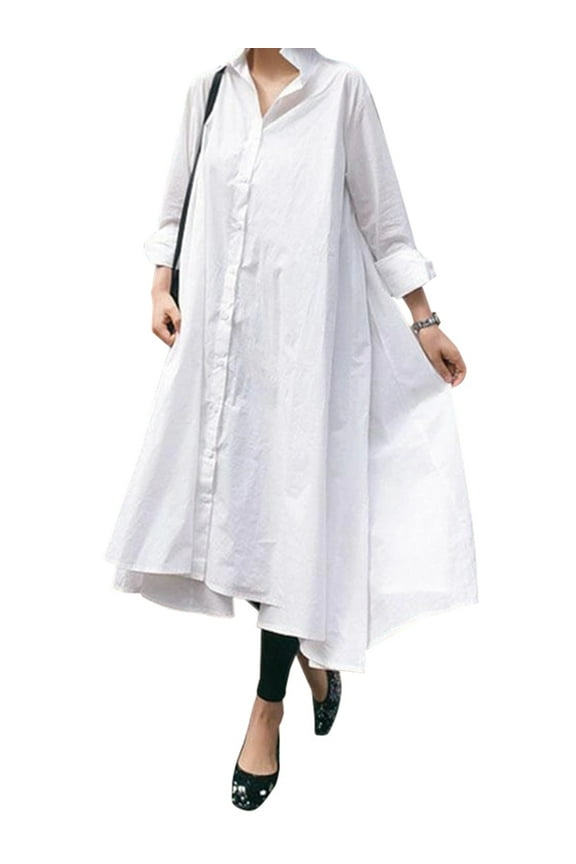 Women's Lapel Long Sleeve Buttons Dress Casual Dress