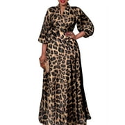 VONDA Women's Long Sleeve Leopard Print Tunic Dress Evening Party Maxi Dress